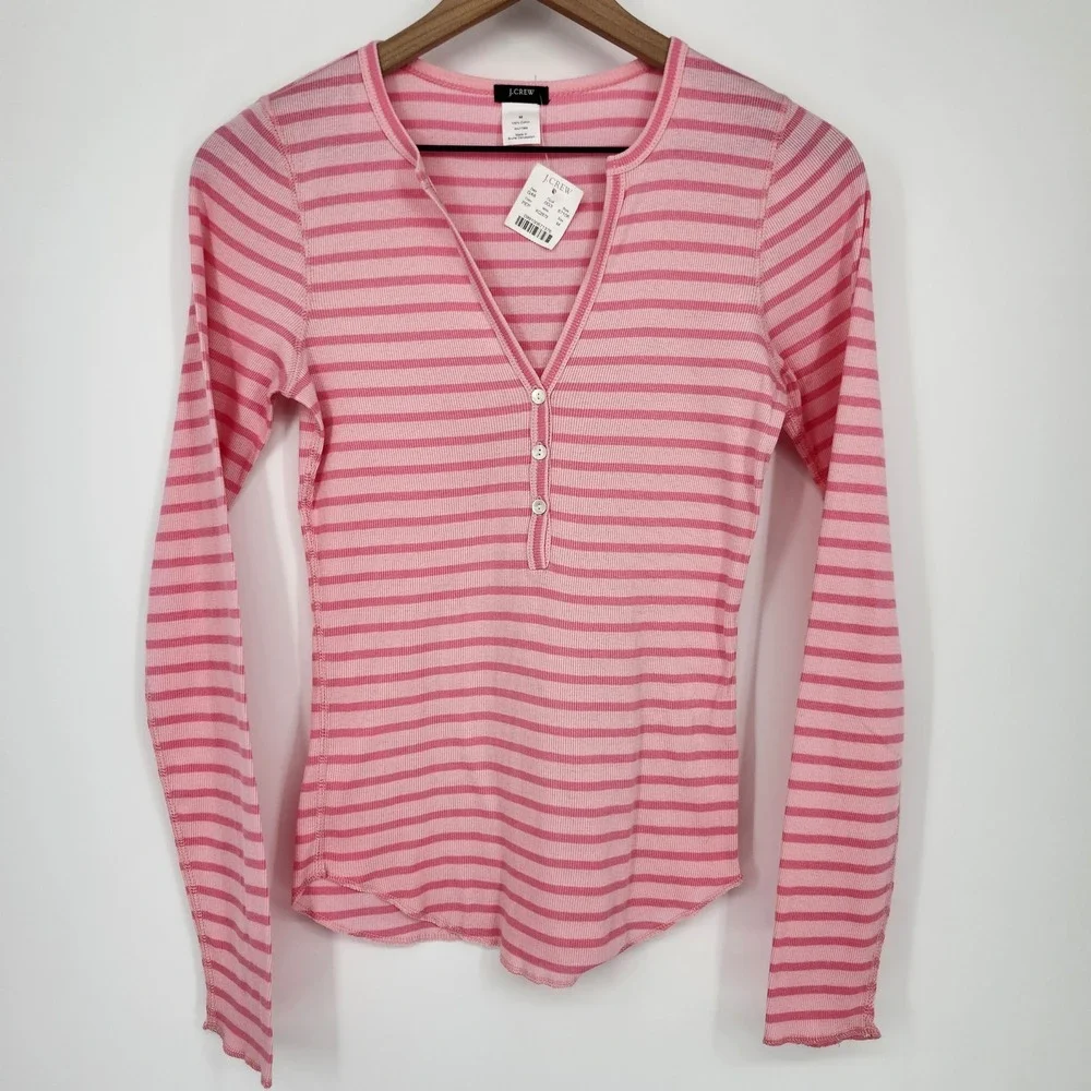 J.Crew Y2K Retro 2000s Preppy Ribbed Knit Henley Top Size M Pink Striped NWT